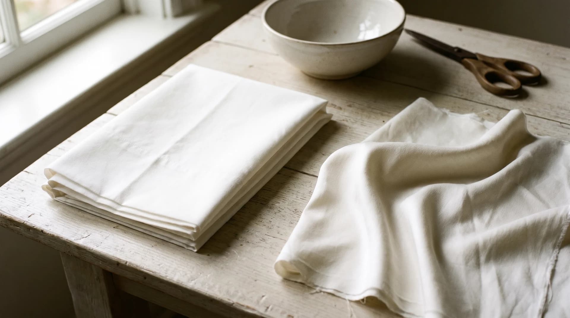 A folded stack of white cloth beside a loosely draped length of the same cloth on a pale wooden table, with a stoneware bowl and a pair of scissors, lit by daylight from a window.
