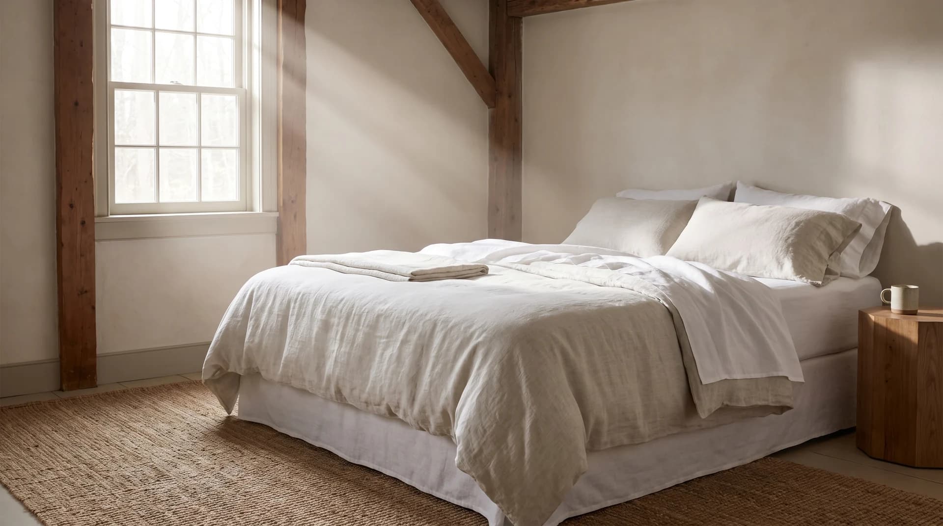 A bed in a timber-framed room, made up in layered white and oatmeal cotton bedding with the cover folded back, lit by daylight from a tall window.