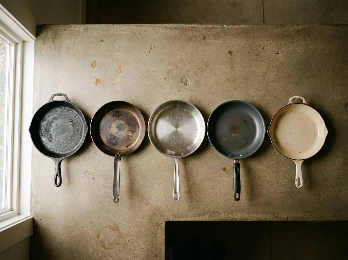 Five frying pans hanging in a row against a plain plastered wall: a black cast iron skillet, a darkened steel pan, a bright stainless pan, a matte dark nonstick pan and a pale enamelled pan.