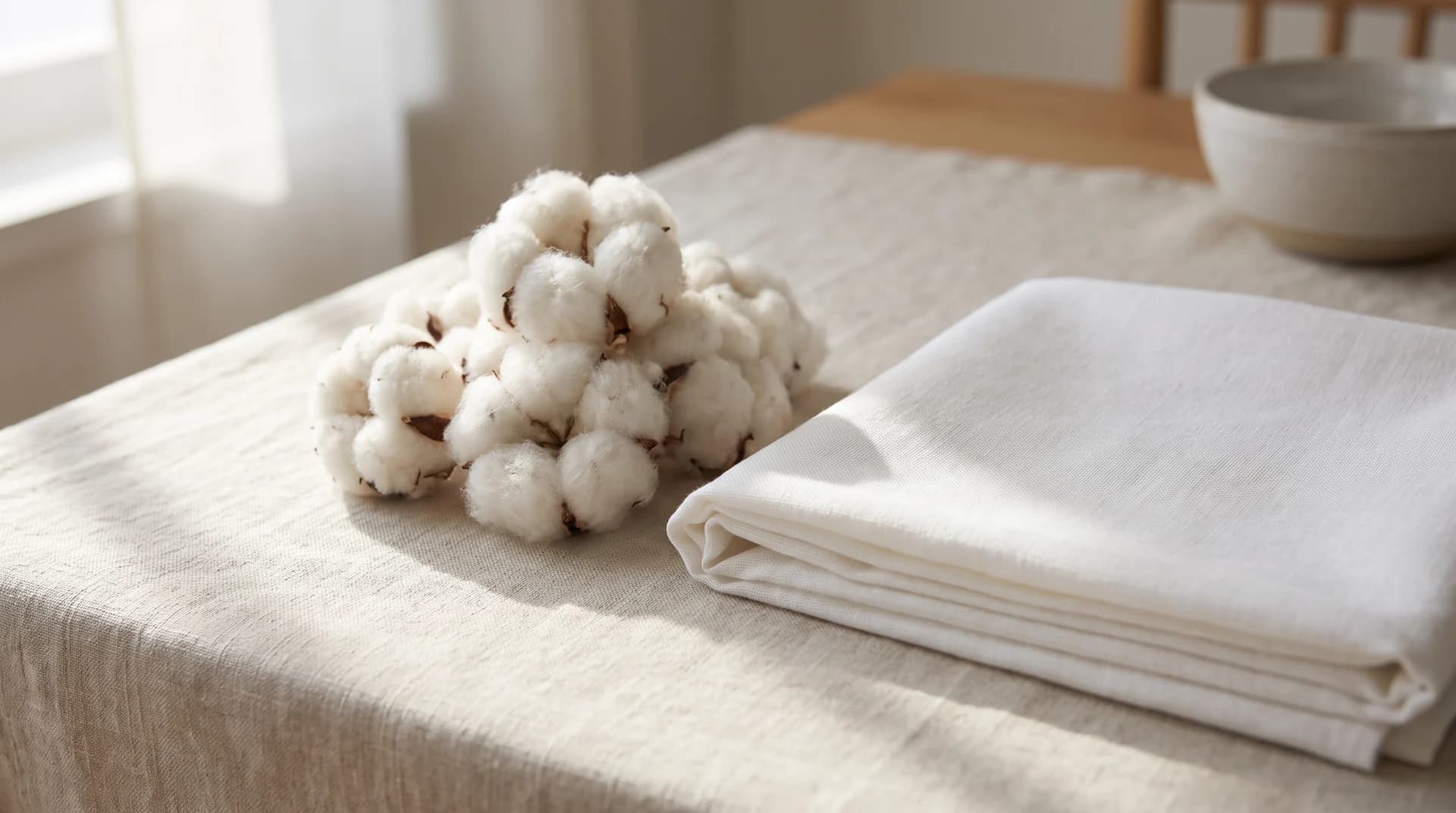 A cluster of raw cotton bolls beside a neatly folded stack of white cloth on a pale linen surface, with a stoneware bowl behind.