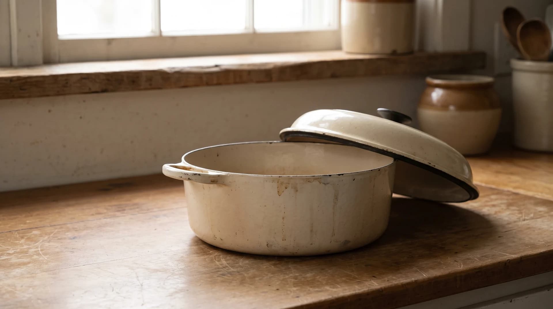 A cream enamelled cast iron casserole on a wooden counter with its lid propped against it, stoneware crocks and utensils on the sill behind, in soft window light.