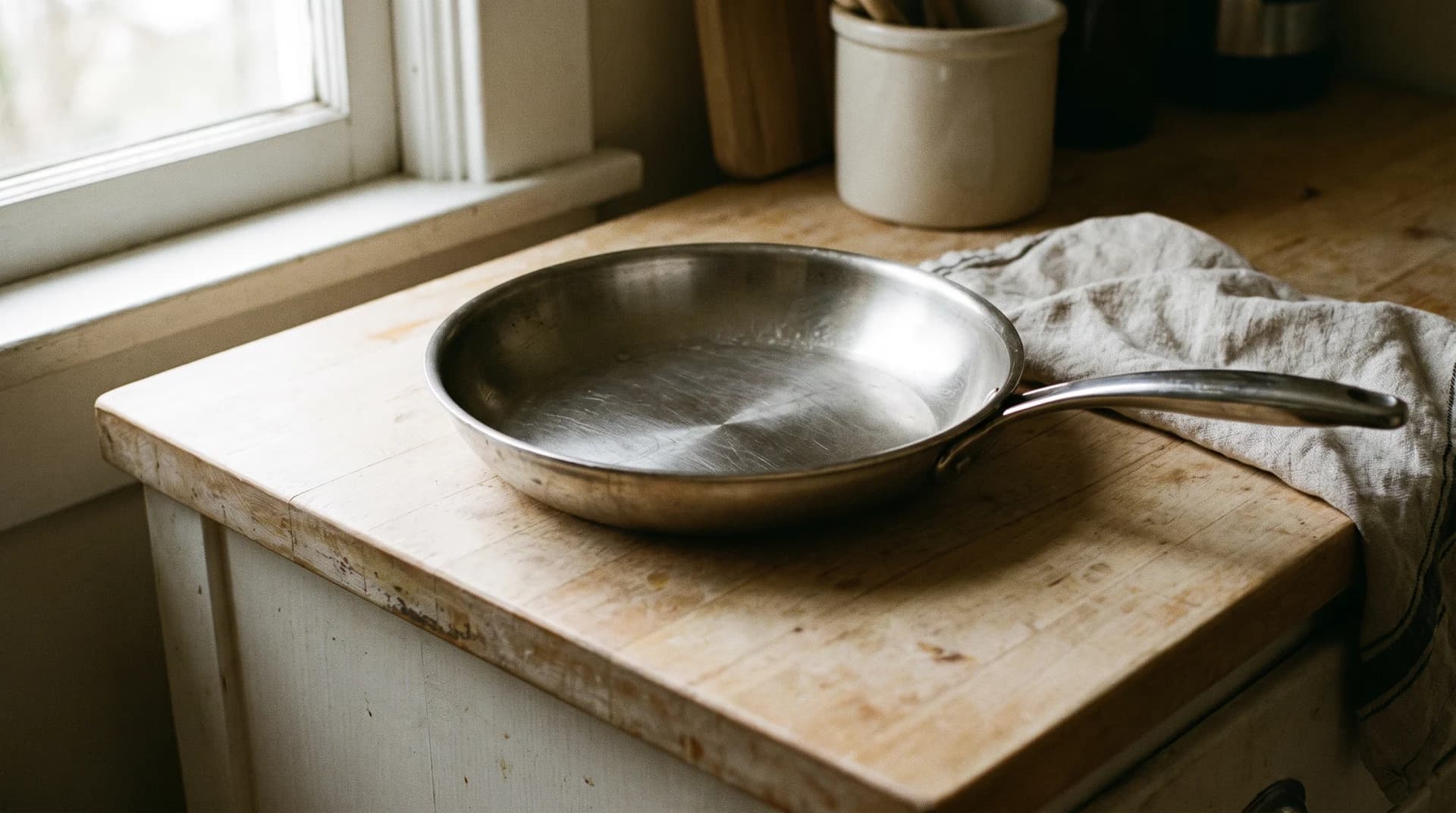 A stainless steel frying pan on a scrubbed wooden work table beside a crumpled linen cloth, lit by daylight from a window to the left.
